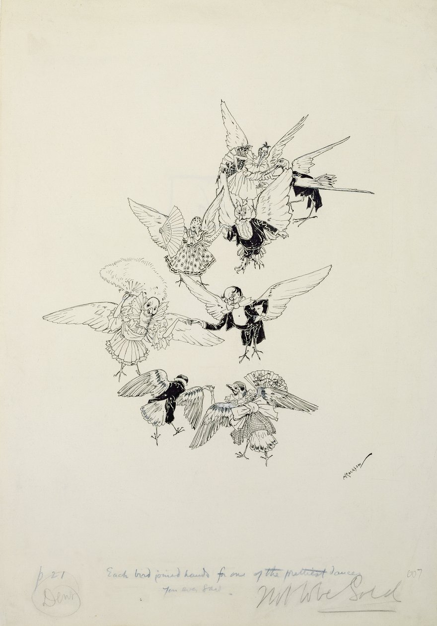 En av de vakreste dansene du noen gang har sett, illustrasjon fra The Zankiwank and the Bletherwitch, av S.J. Adair Fitzgerald, utgitt 1896 (penn og blekk) av Arthur Rackham