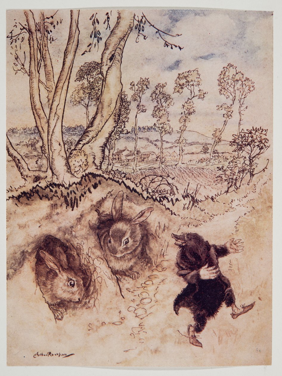 Løk-saus! Løk-saus! bemerket han spottende, og var borte før de rakk å komme på et svar, fra Wind in the Willows av Kenneth Grahame (1859 - 1932), pub. 1940 av Arthur Rackham