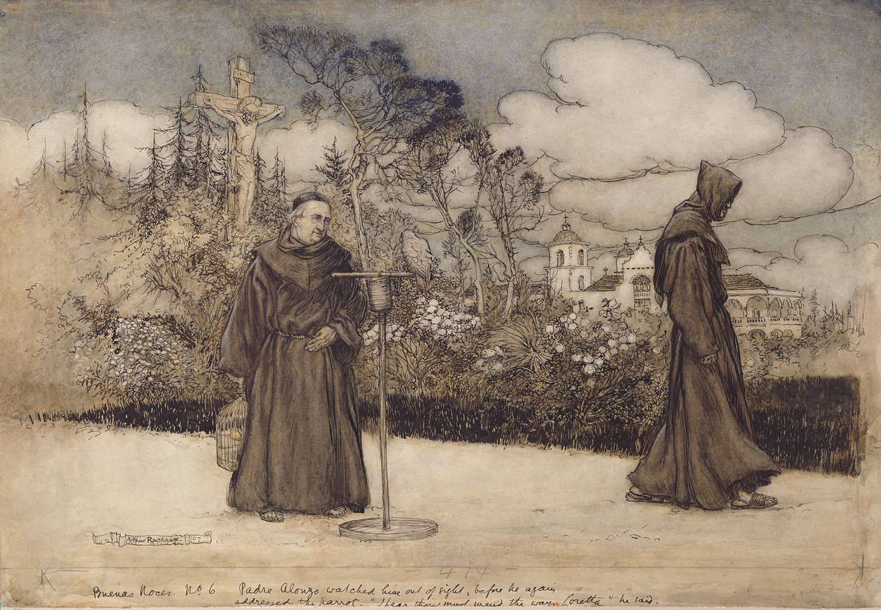 Padre Alonzo så ham ute av syne, illustrasjon fra Good Night av Eleanor Gates, 1907 (penn og blekk & wc på papir) av Arthur Rackham