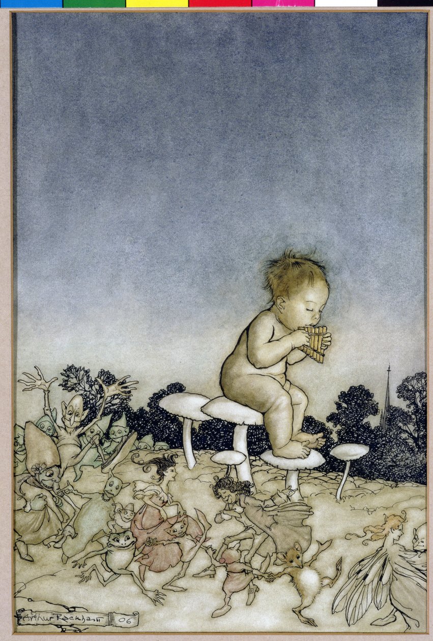 Peter Pan er Fairies Orchestra, illustrasjon fra Peter Pan i Kensington Gardens, av J.M. Barrie, 1806 (penn og blekk & wc på papir) av Arthur Rackham