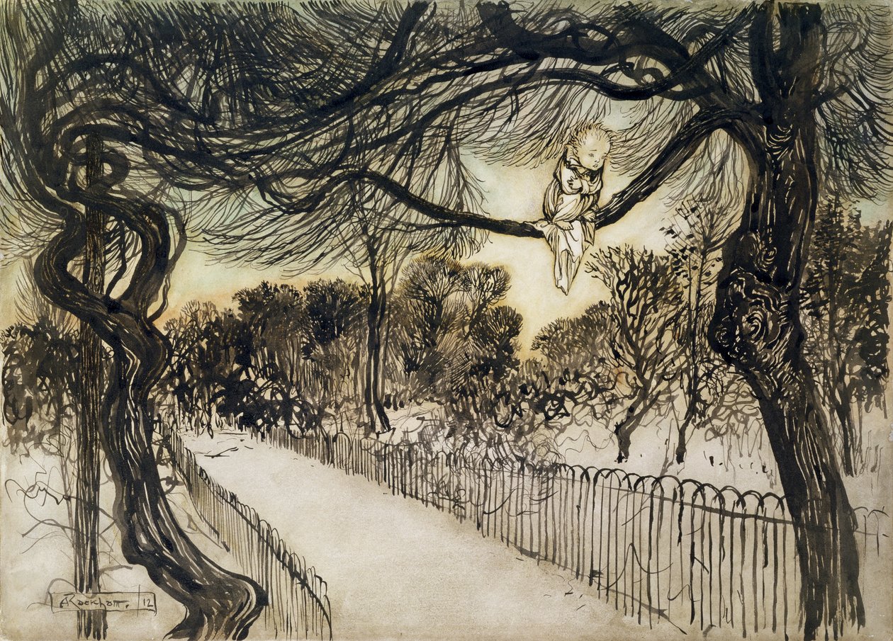 Peter Pan on a Branch, scene fra Peter Pan i Kensington Gardens av J.M Barrie, 1912 (penn og blekk og wc) av Arthur Rackham
