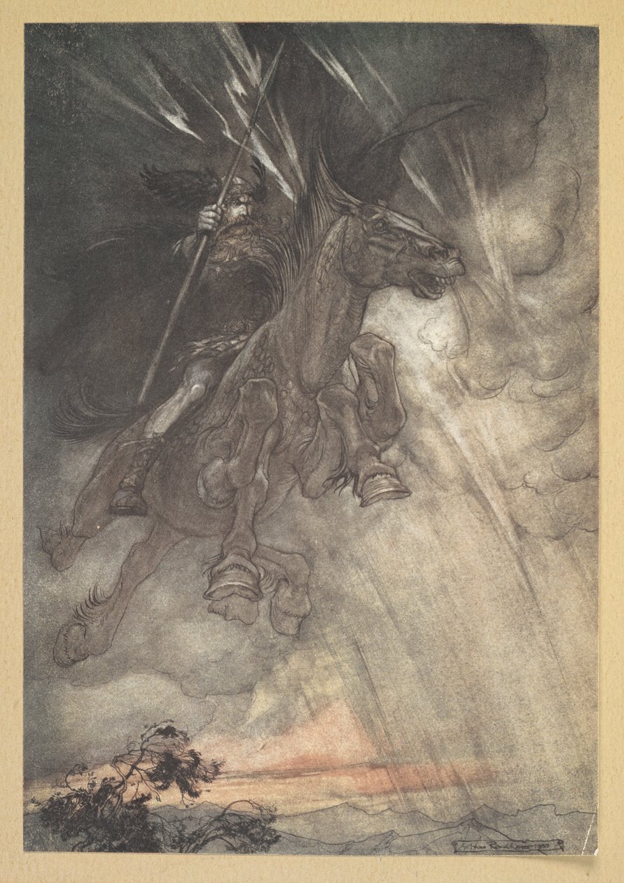 "Raging, Wotan rir til Klippen! Som en stormvind kommer han!" av Arthur Rackham