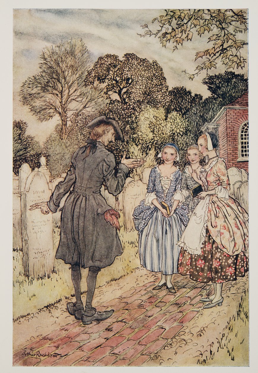 Resiterer for underholdningens skyld alle epitafene på gravsteinene.., fra The Legend of Sleepy Hollow av Washington Irving (1783 - 1859), pub. 1928 av Arthur Rackham