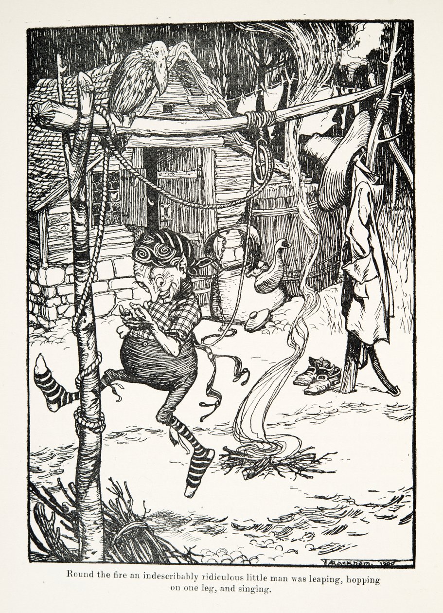 Rundt bålet hoppet en ubeskrivelig latterlig liten mann, hoppet på ett ben og sang, fra The Fairy Tales of the Brothers Grimm, pub. 1909 av Arthur Rackham