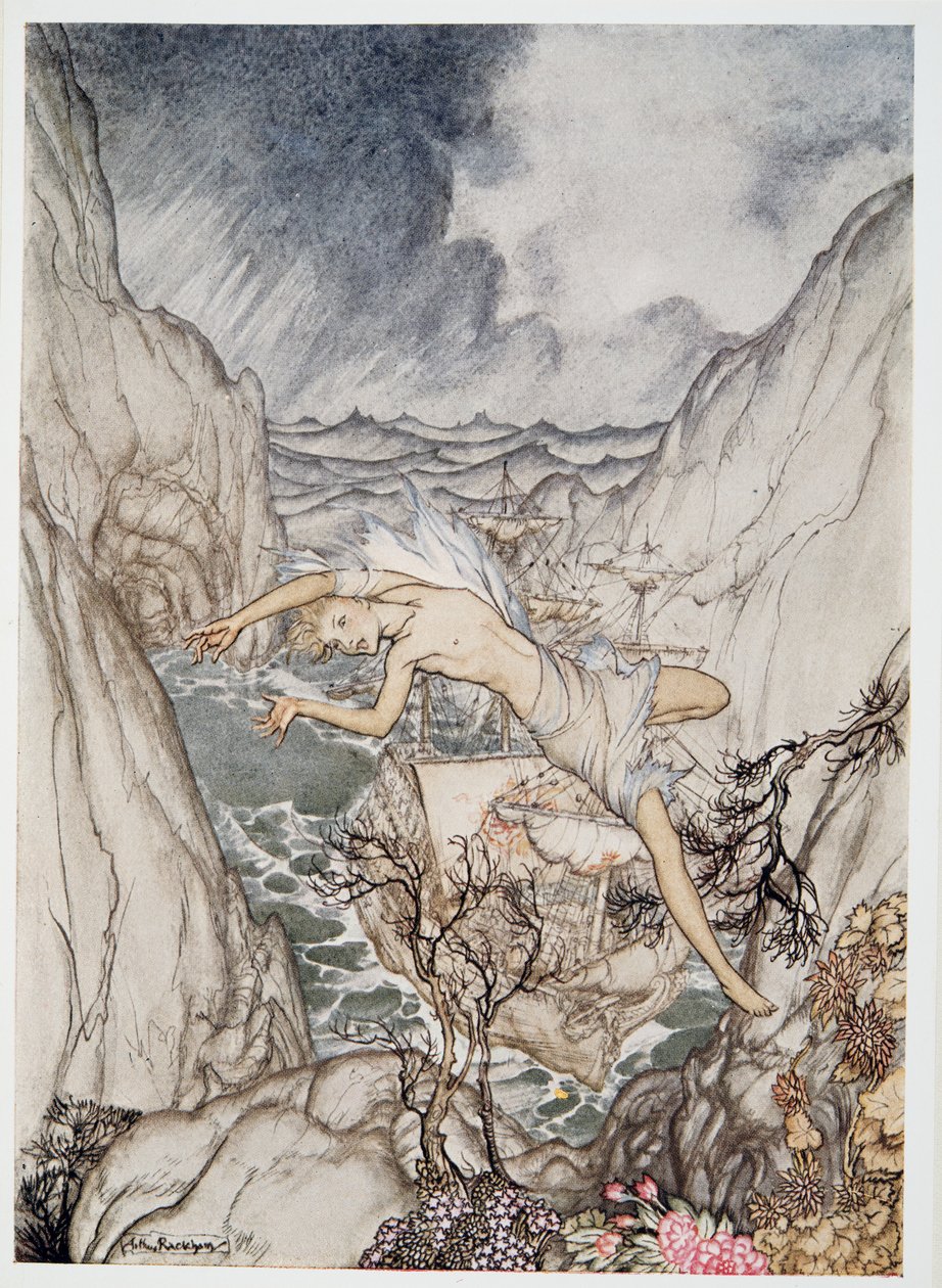 Trygg i havnen ligger kongens skip, illustrasjon fra William Shakespeares The Tempest, pub. 1926 av Arthur Rackham