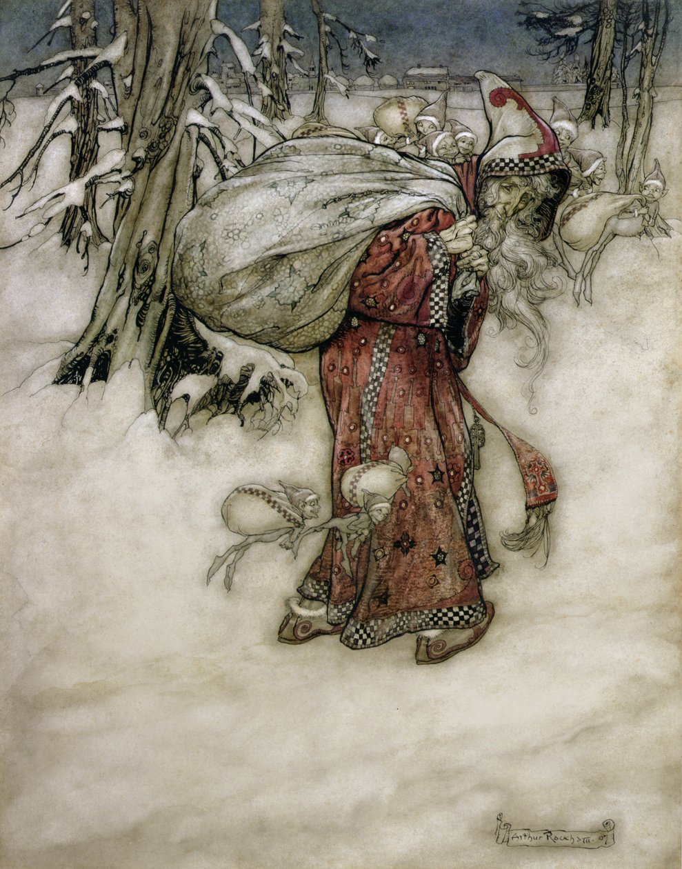 Julenissen, illustrasjon fra Arthur Rackhams Book of Pictures, 1907, utgitt 1913 (penn, blekk og wc på papir) av Arthur Rackham