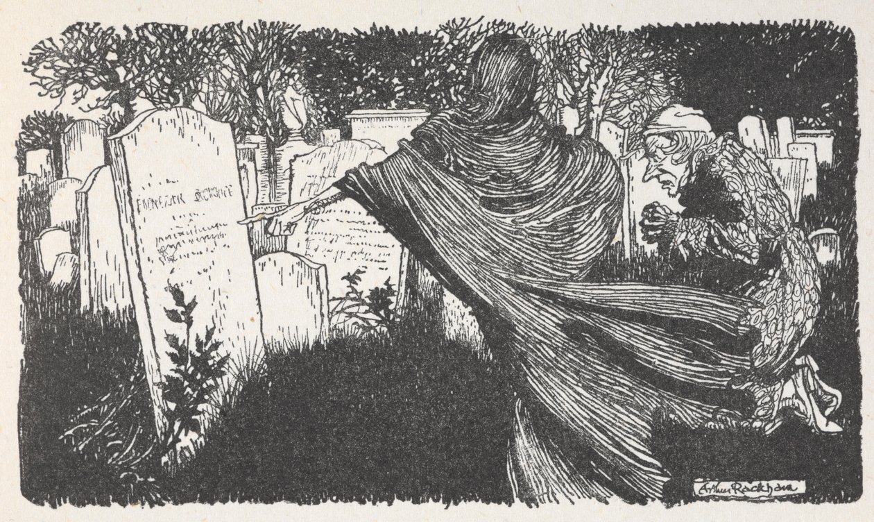 Scrooge og et spøkelse på en kirkegård om natten. av Arthur Rackham