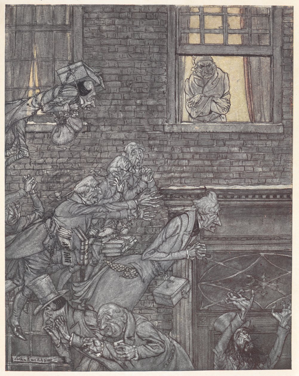 Scrooge ved vinduet sitt og ser på spøkelser i gaten nedenfor av Arthur Rackham