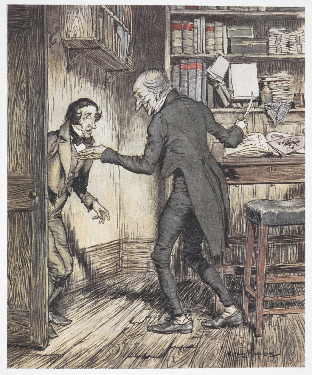 Scrooge skriver på kontoret sitt mens en annen mann kommer inn av Arthur Rackham