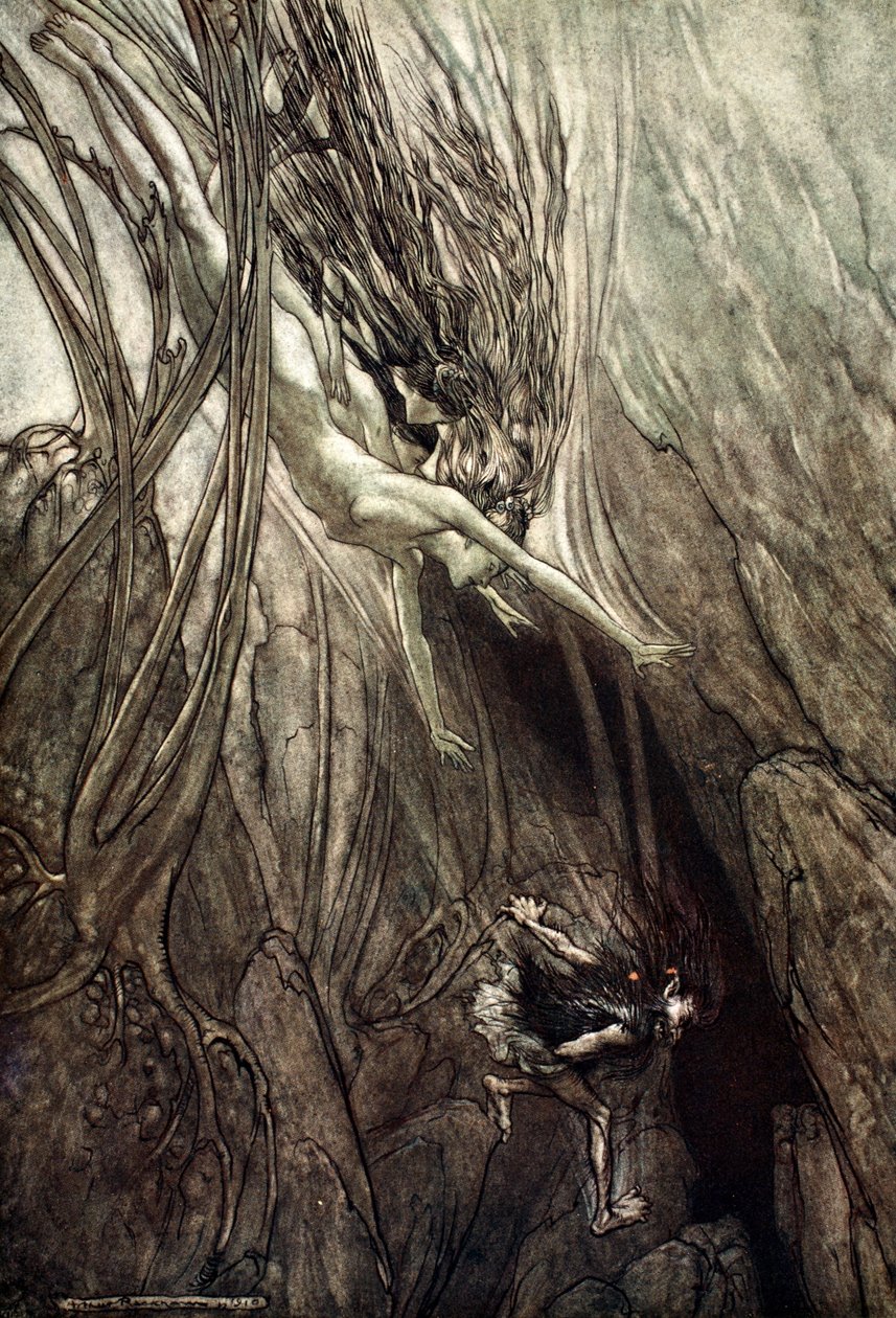 « Grip despoileren! Redd gullet! Hjelp oss! Hjelp oss! Ve! Ve!', 1910. av Arthur Rackham