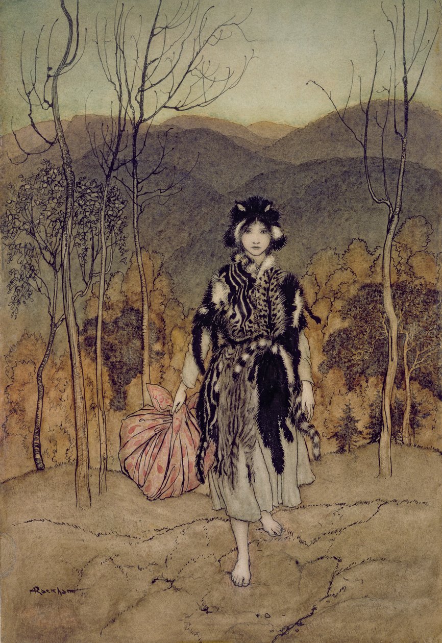 She Went Along, and Went Along, and Went Along Catskin, illustrasjon fra English Fairy Tales, gjenfortalt av F.A Steel, 1918 (penn og blekk, wc) av Arthur Rackham
