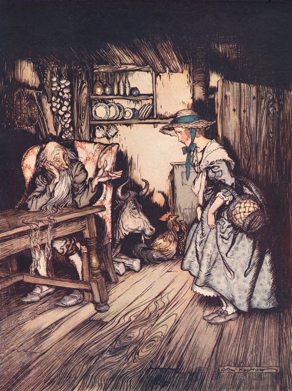 Hun tryglet ganske pent om å få overnatte der. Illustrasjon av Arthur Rackham fra Grimm