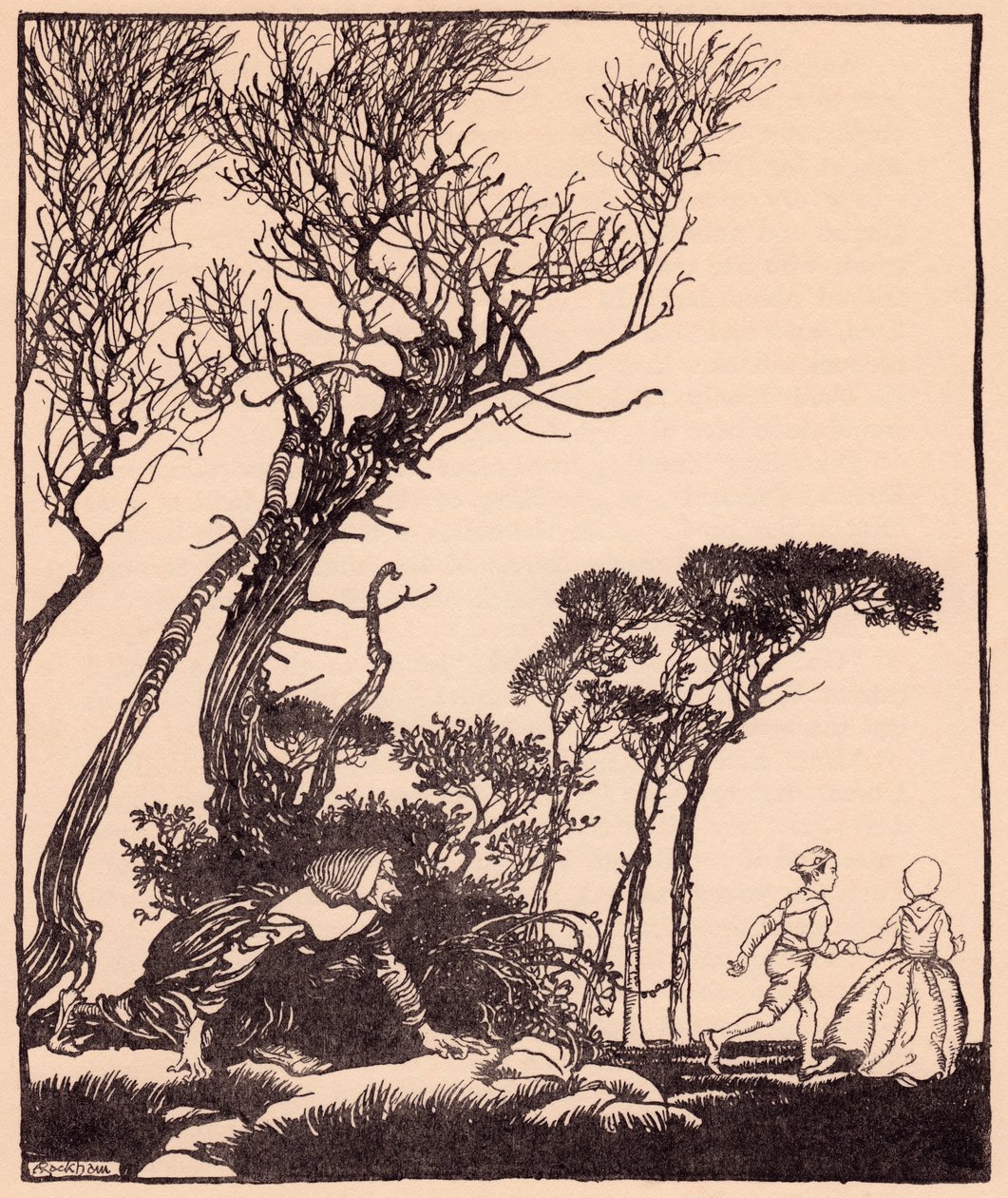Hun krøp etter dem i all hemmelighet, som hekser kryper. Illustrasjon av Arthur Rackham fra Grimm
