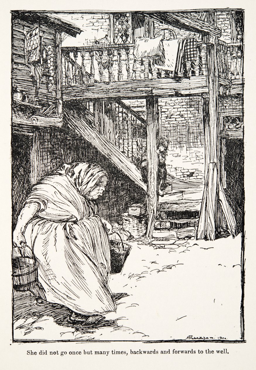 Hun gikk ikke en gang, men mange ganger, frem og tilbake til brønnen, fra The Fairy Tales of the Brothers Grimm, pub. 1909 av Arthur Rackham