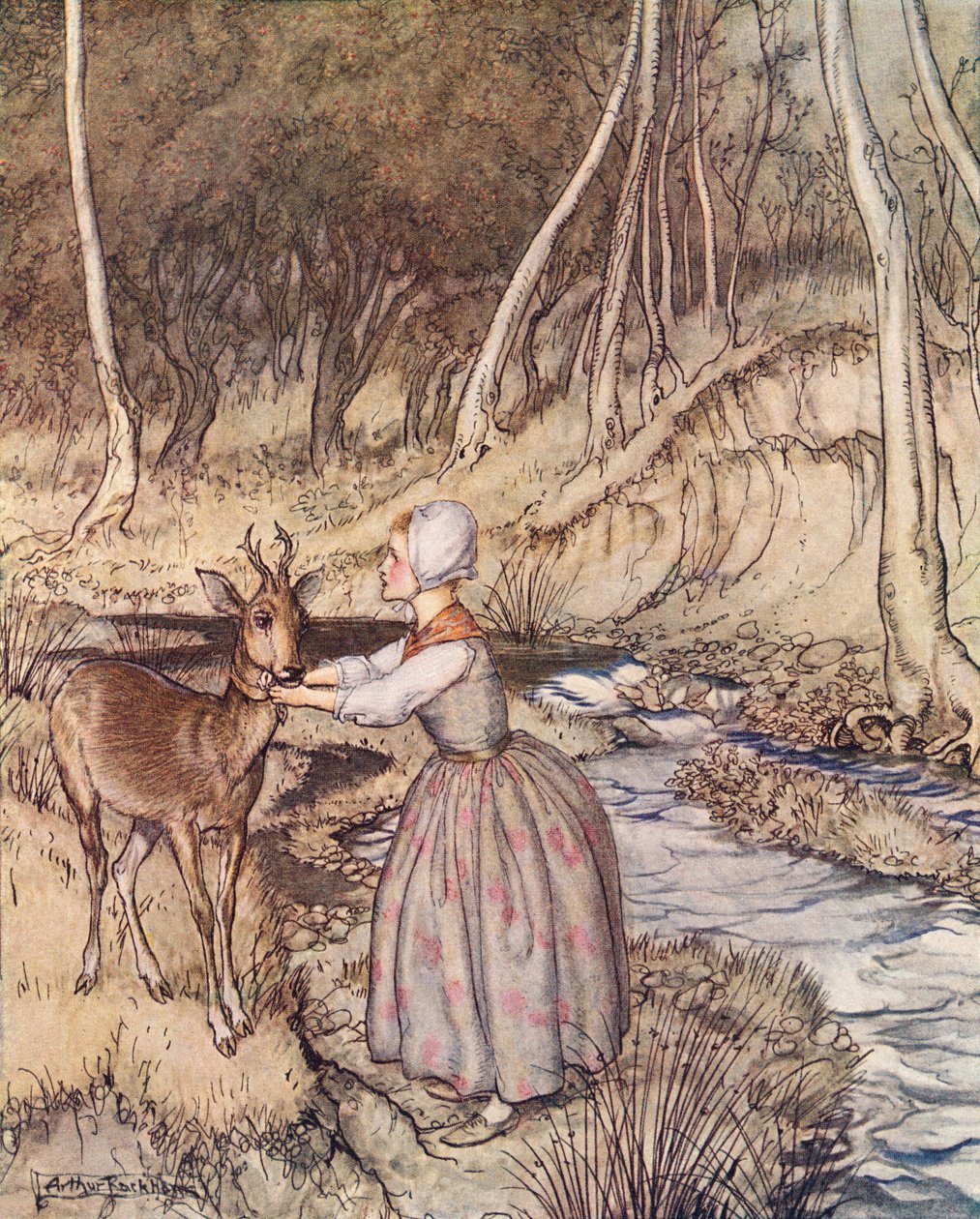 Hun tok av seg den gyldne strømpebåndet og la den rundt rognbukkens hals. Illustrasjon av Arthur Rackham fra Grimm