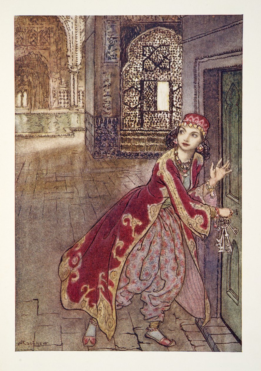 Hun tok så den lille nøkkelen og åpnet døren skjelvende fra The Arthur Rackham Fairy Book, pub. 1933 av Arthur Rackham
