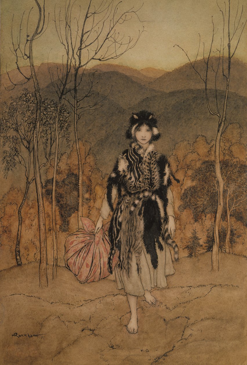 Hun gikk med, og gikk med, og gikk med kledd i katteskinn, illustrasjon fra English Fairy Tales gjenfortalt av F.A. Steel, utgitt 1918 (penn og blekk & wc på papir) av Arthur Rackham