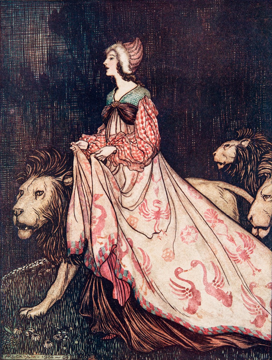 Hun dro bort akkompagnert av Lions, fra The Fairy Tales of the Brothers Grimm, pub. 1909 av Arthur Rackham