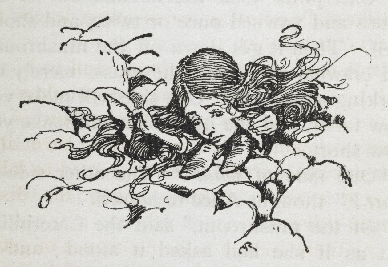 Krympet Alice etter å ha spist litt av Caterpillars sopp av Arthur Rackham