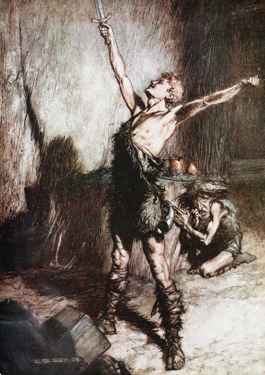 Siegfried smir sverdet sitt. Illustrasjon for Siegfried og The Twilight of the Gods av Richard Wag av Arthur Rackham