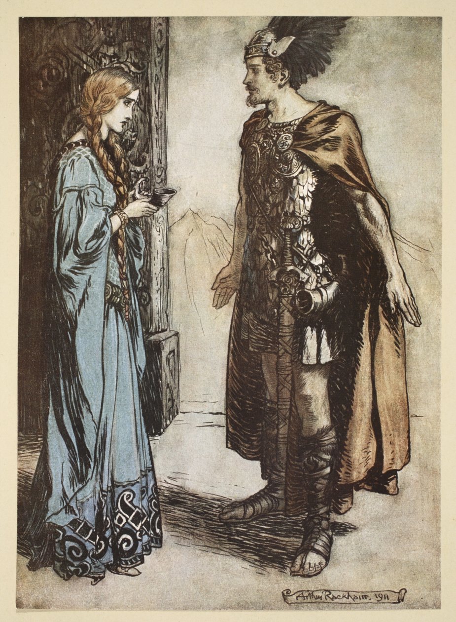 Siegfried gir drikkehornet tilbake til Gutrune, og stirrer på henne med plutselig lidenskap, illustrasjon fra 