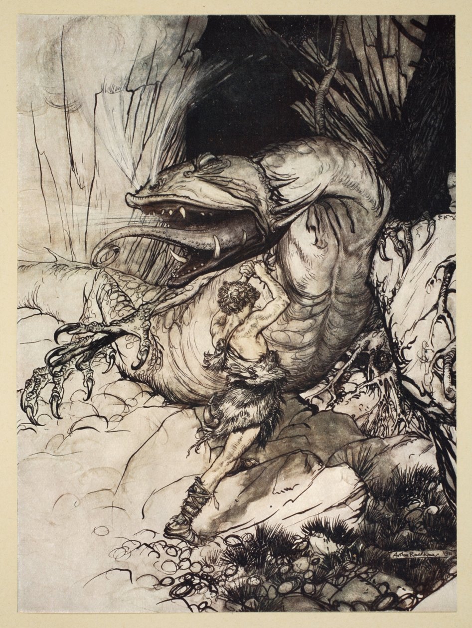 Siegfried dreper Fafner, illustrasjon fra 'Siegfried and the Twilight of the Gods', 1924 av Arthur Rackham