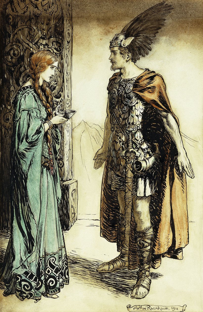 Siegfried møter Gutrune: The Twilight of the Gods, 1911 av Arthur Rackham
