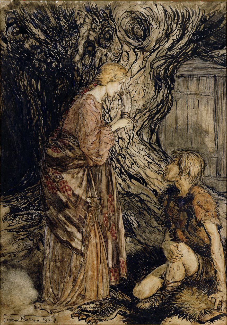 Siegmund og Sieglinde, Illustrasjon fra Rhinegold og Valkyrien av Richard Wagner, Heinemann, 1910 (penn og blekk med wc på papir) av Arthur Rackham