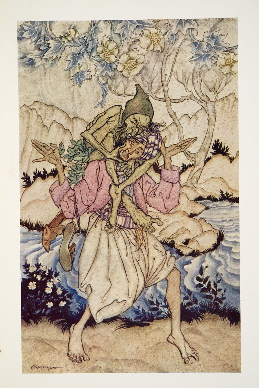 Sinbad bar Old Man of the Sea på sine skuldre, fra The Arthur Rackham Fairy Book, pub. 1933 av Arthur Rackham