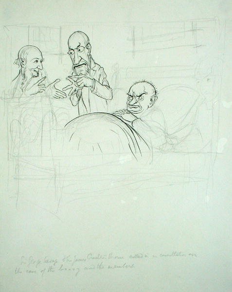 Sir George Savage og Sir James Crichton Browne (1840-1937) innkalte i samråd om saken til BXXXY og medlemmene (penn og blekk og blyant på papir) av Arthur Rackham
