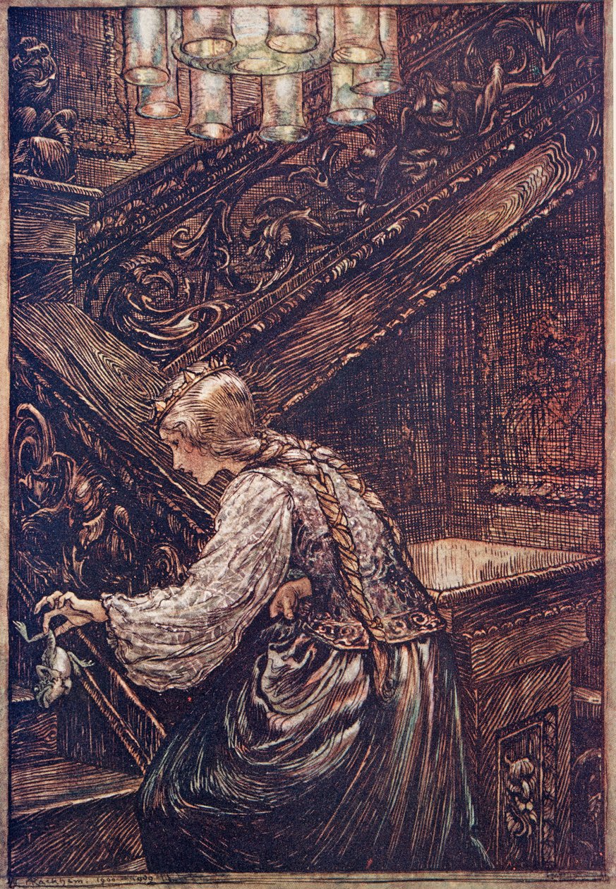 Så hun grep ham med to fingre, og bar ham oppover .., fra The Fairy Tales of the Brothers Grimm, pub. 1909 av Arthur Rackham