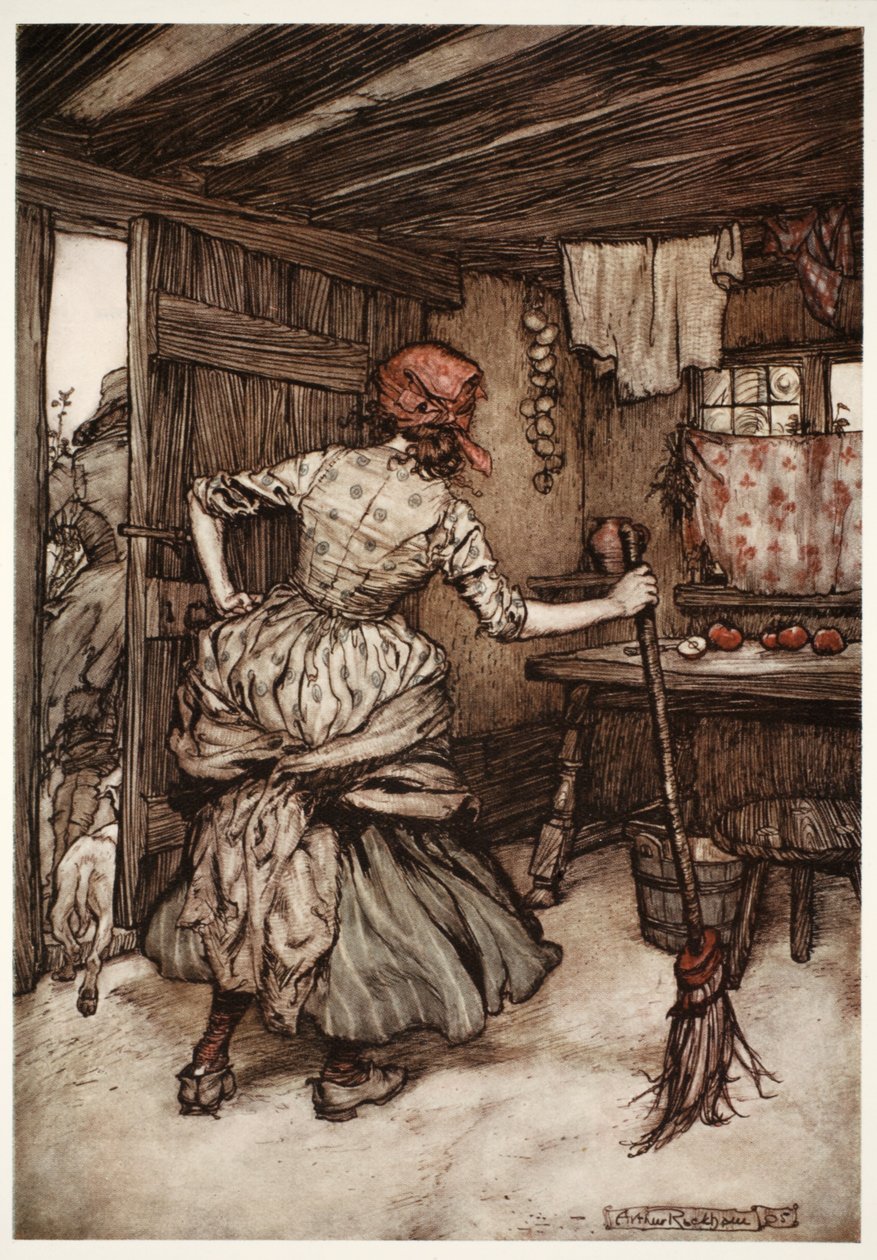 Slik at han var lett på å trekke av kreftene og ta utsiden av huset - den eneste siden som i sannhet tilhører den hønehakkede ektemannen., fra Rip Van Winkle av Washington Irving, pub. 1910 ( av Arthur Rackham