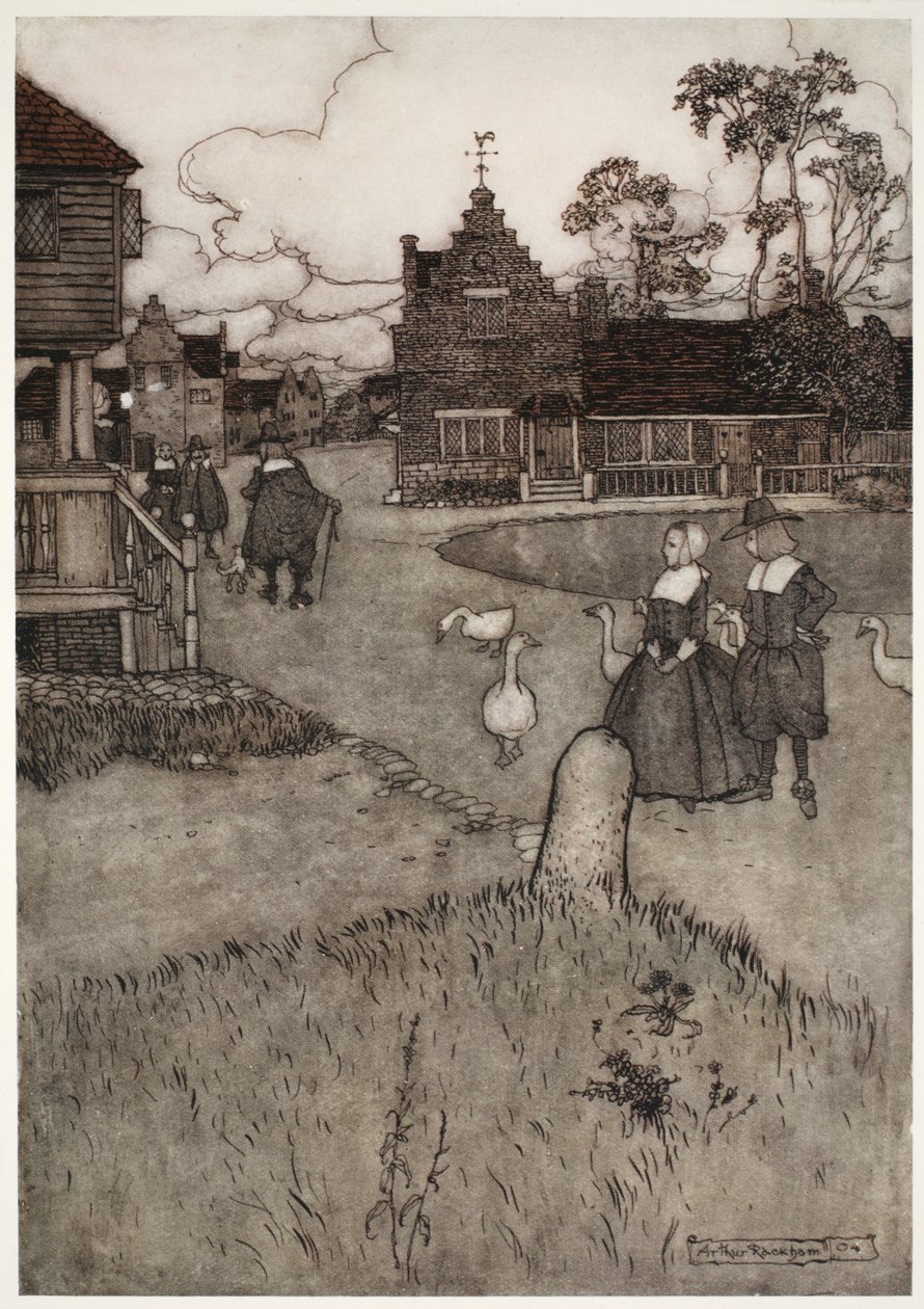 Noen av husene til de opprinnelige nybyggerne., fra Rip Van Winkle av Washington Irving, pub. 1910 av Arthur Rackham