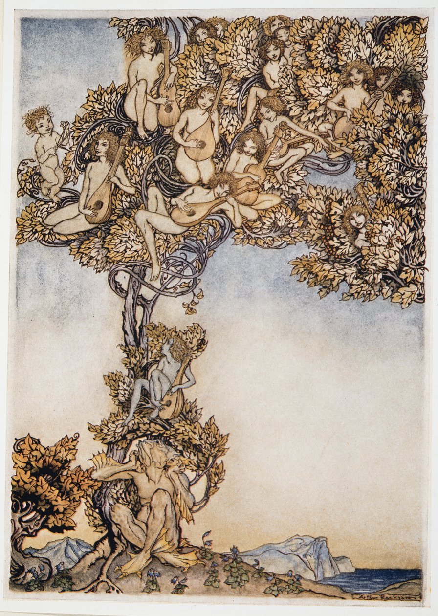 Noen ganger vil tusen snurrende instrumenter nynne om ørene mine, illustrasjon fra William Shakespeares The Tempest, pub. 1926 av Arthur Rackham