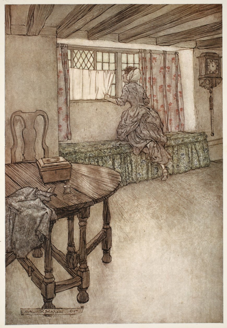 Merkelige navn var over dørene - merkelige ansikter ved vinduene - alt var rart., fra Rip Van Winkle av Washington Irving, pub. 1910 av Arthur Rackham