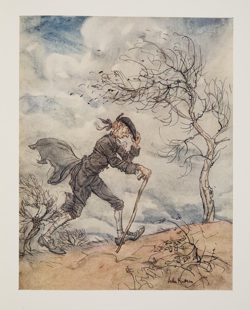 Gå langs profilen til en høyde på en vindfull dag.., fra The Legend of Sleepy Hollow av Washington Irving (1783 - 1859), pub. 1928 av Arthur Rackham