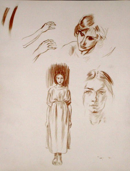 Studier av en kvinne, av ansikter og av hender (sangvinsk på papir) av Arthur Rackham