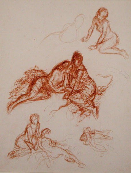 Studier av jenter som sitter på gresset (sangvinsk på papir) av Arthur Rackham