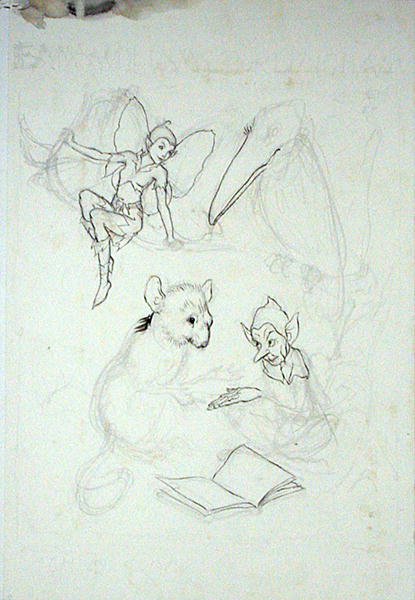 Studie for Emma Williams Burlinghams bokplate (penn, blekk og akvarell på papir) av Arthur Rackham