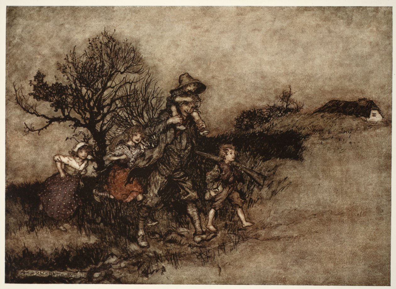 Omgitt av en tropp med barn., fra Rip Van Winkle av Washington Irving, pub. 1910 av Arthur Rackham