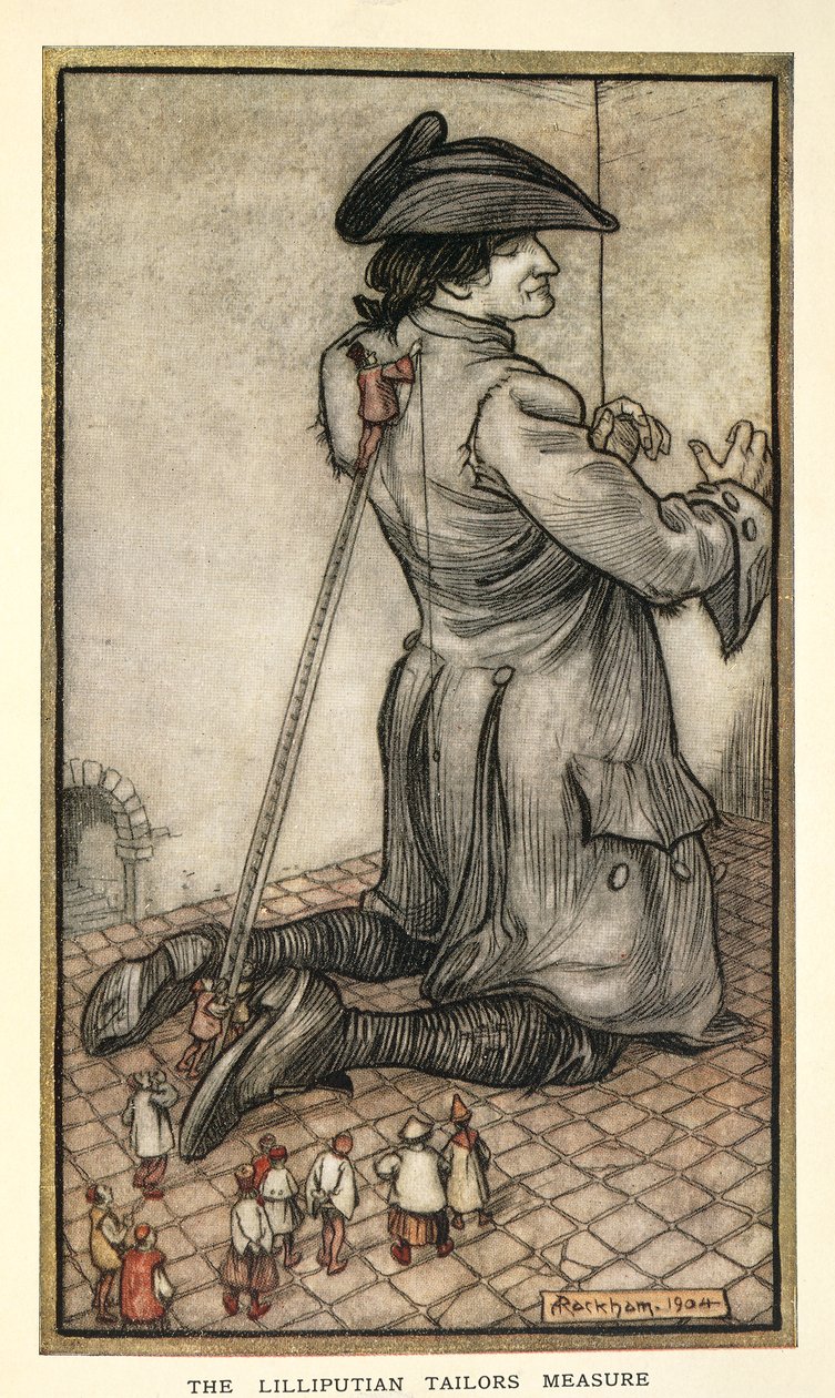 Tailors of Lilliput som måler Gulliver, illustrasjon fra Gulliver