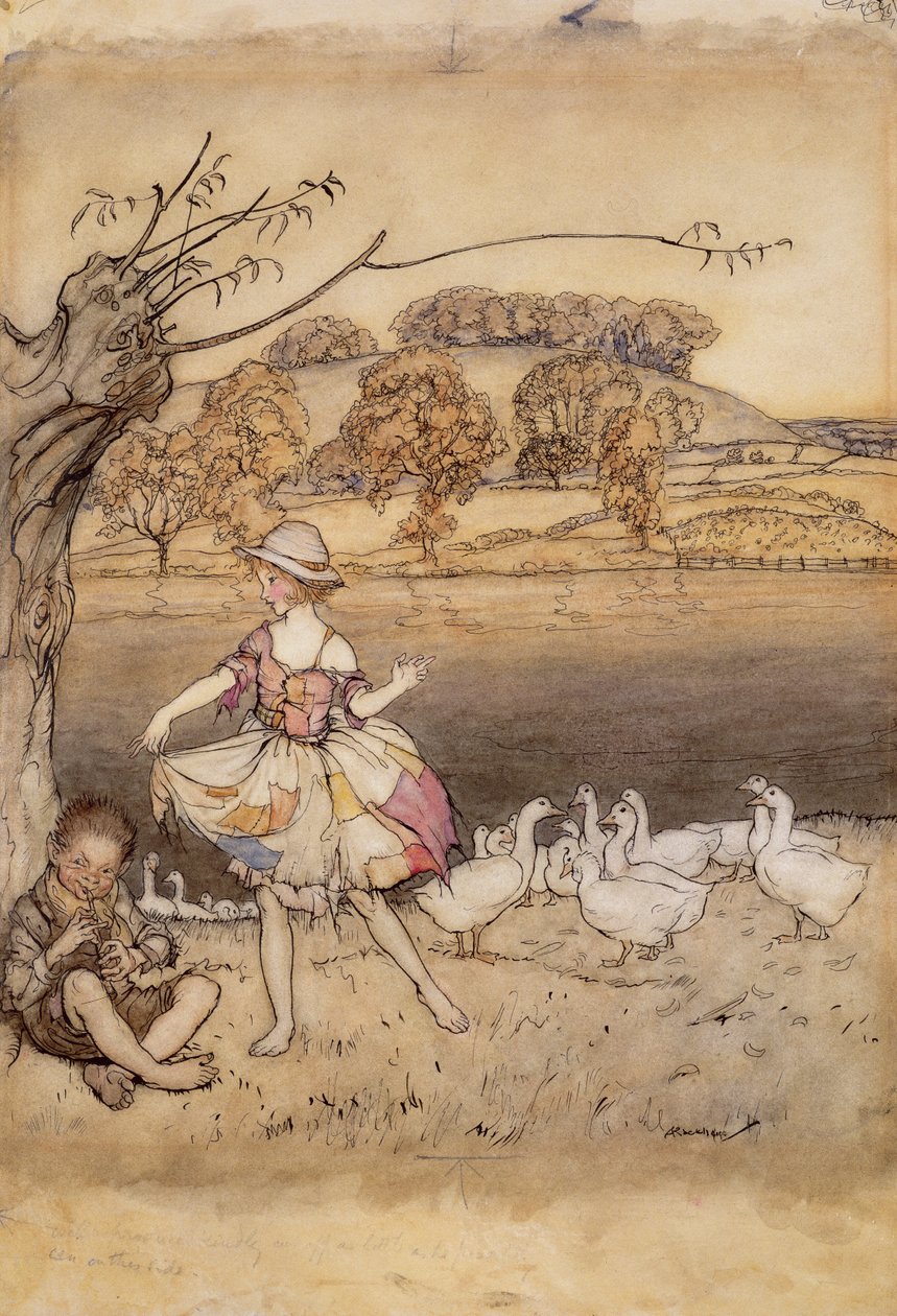 Tattercoats danser mens gåseflokken piper, illustrasjon fra English Fairy Tales, gjenfortalt av F.A. Steel, utgitt 1918 (penn og blekk & wc på papir) av Arthur Rackham