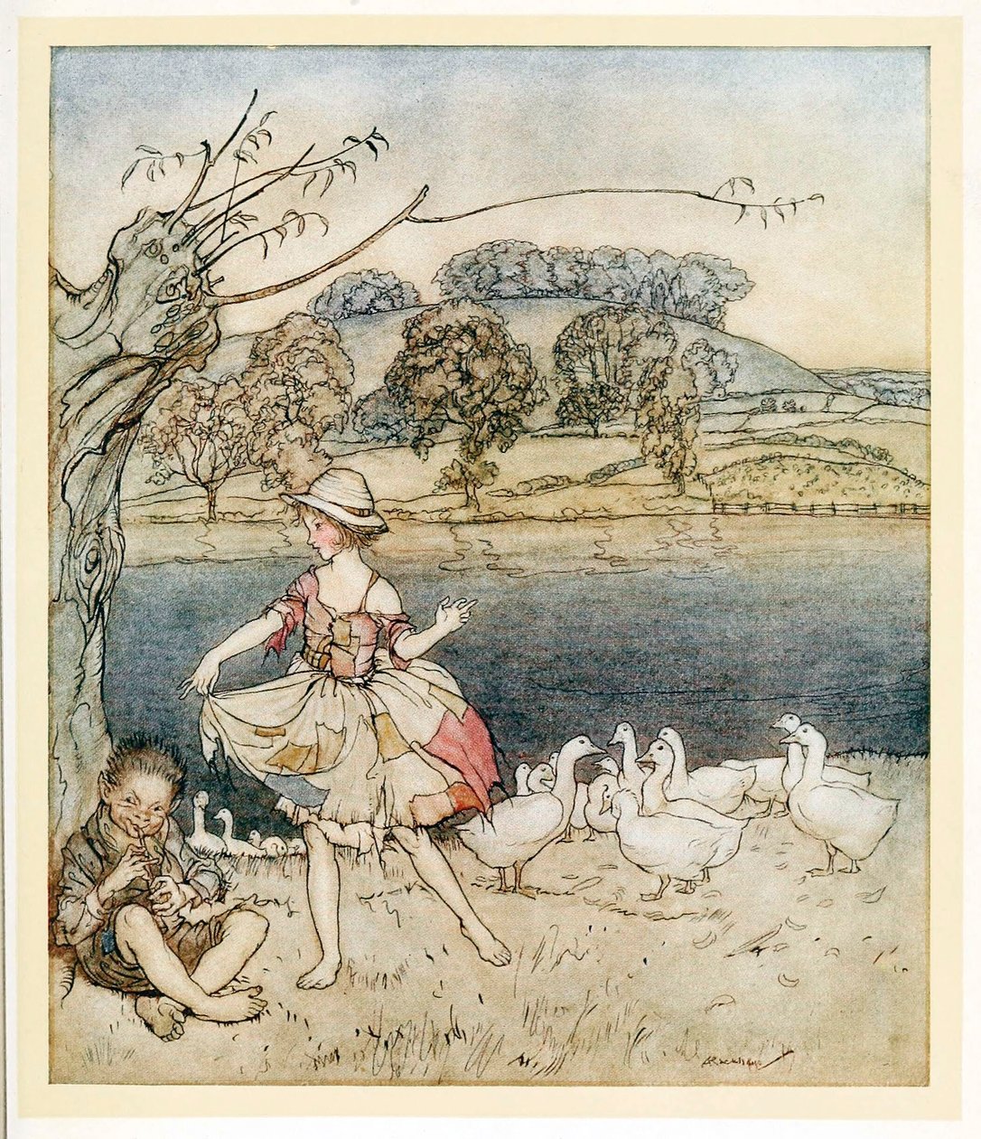 Tattercoats danser mens goosherden piper, fra English Fairy Tales, pub. 1922. av Arthur Rackham
