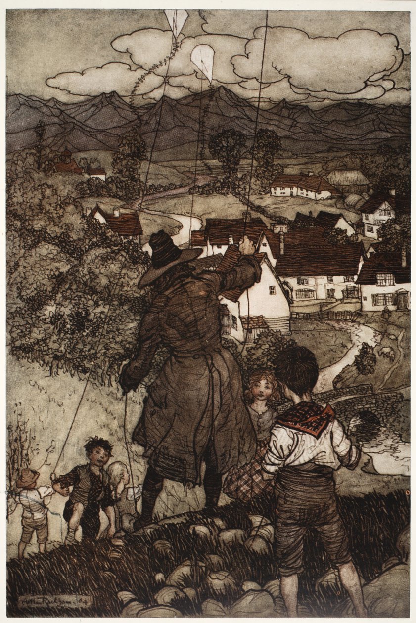 Lærte dem å fly drager., fra Rip Van Winkle av Washington Irving, pub. 1910 av Arthur Rackham