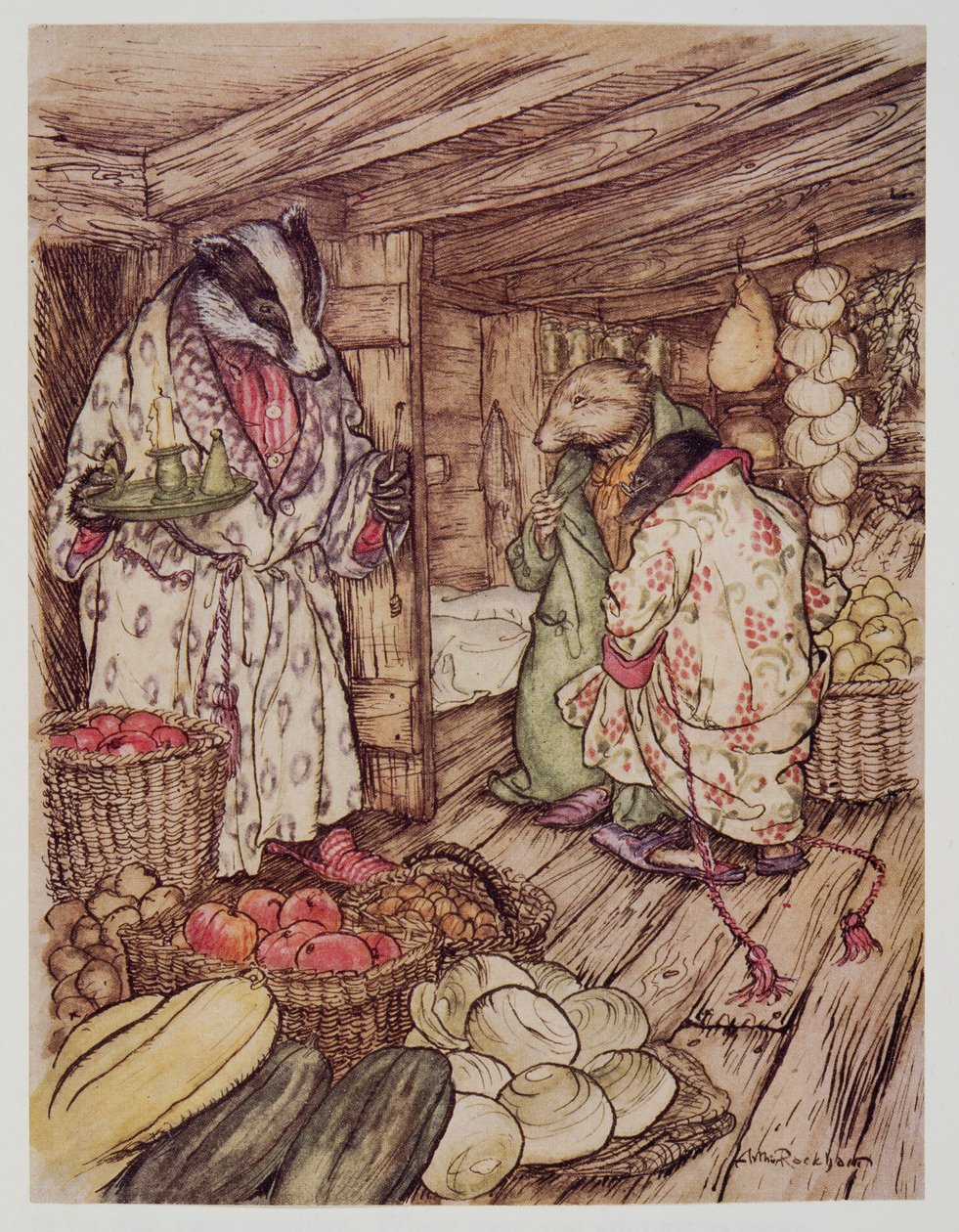 Badgers vinterbutikker, som faktisk var synlige overalt, tok opp halve rommet, fra Wind in the Willows av Kenneth Grahame (1859 - 1932), pub. 1940 av Arthur Rackham