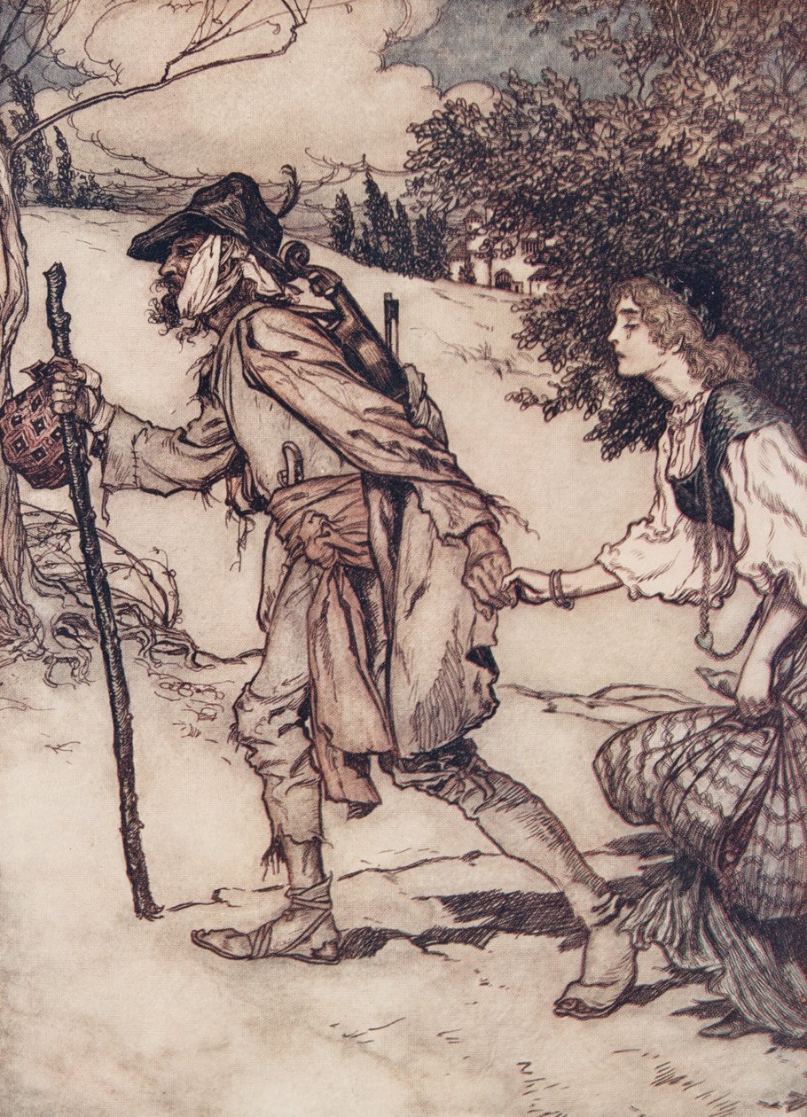 Tiggeren tok henne i hånden og førte henne bort fra The Fairy Tales of the Brothers Grimm, pub. 1909 av Arthur Rackham