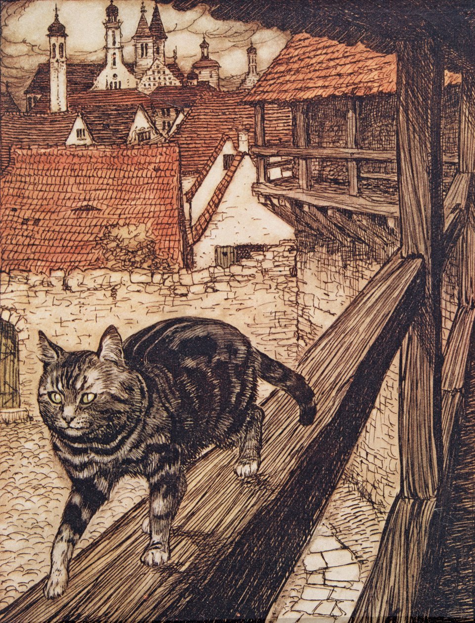 Katten stjal seg bak bymurene til kirken .., fra The Fairy Tales of the Brothers Grimm, pub. 1909 av Arthur Rackham