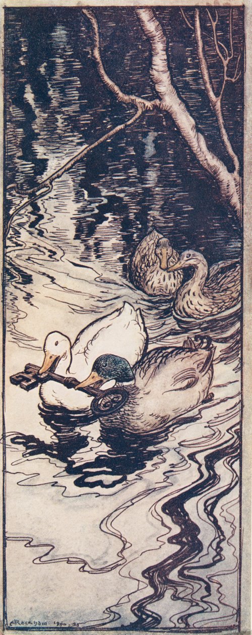 The Ducks, som han en gang hadde reddet, dykket og hentet nøkkelen fra dypet fra The Fairy Tales of the Brothers Grimm, pub. 1909 av Arthur Rackham