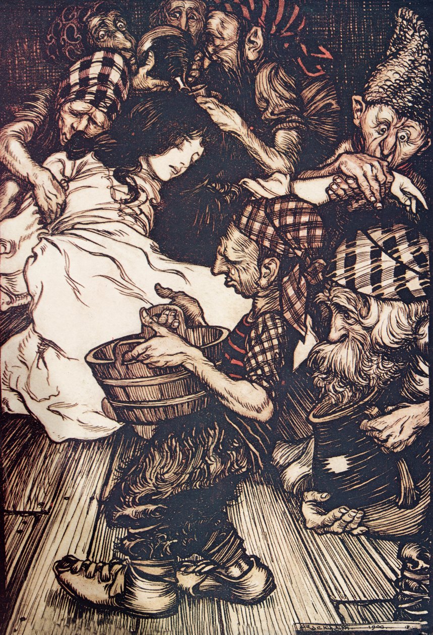 Dvergene, da de kom om kvelden fant Snowdrop liggende på bakken, fra The Fairy Tales of the Brothers Grimm, pub. 1909 av Arthur Rackham