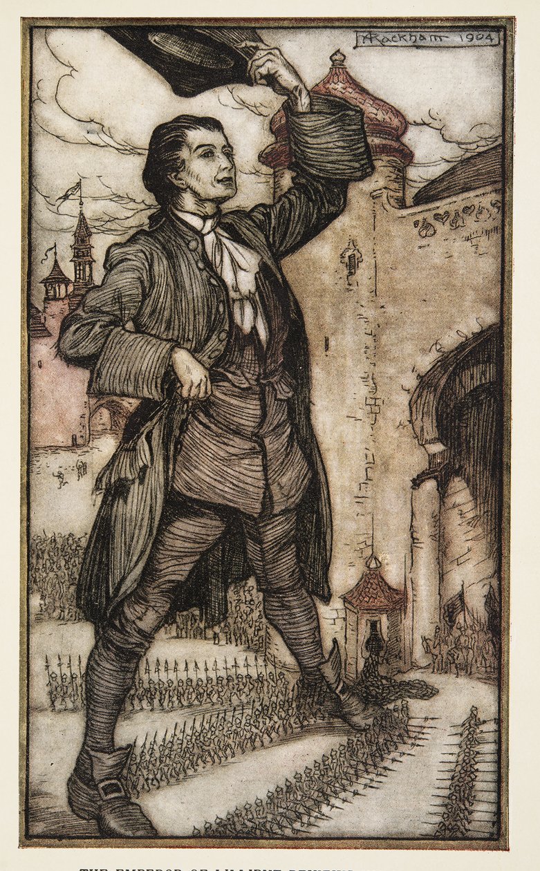 The Emperor of Lilliput anmelder sine tropper, fra Gulliver's Travels av Jonathon Swift (1667 - 1745), pub. 1909 (farge litho) av Arthur Rackham